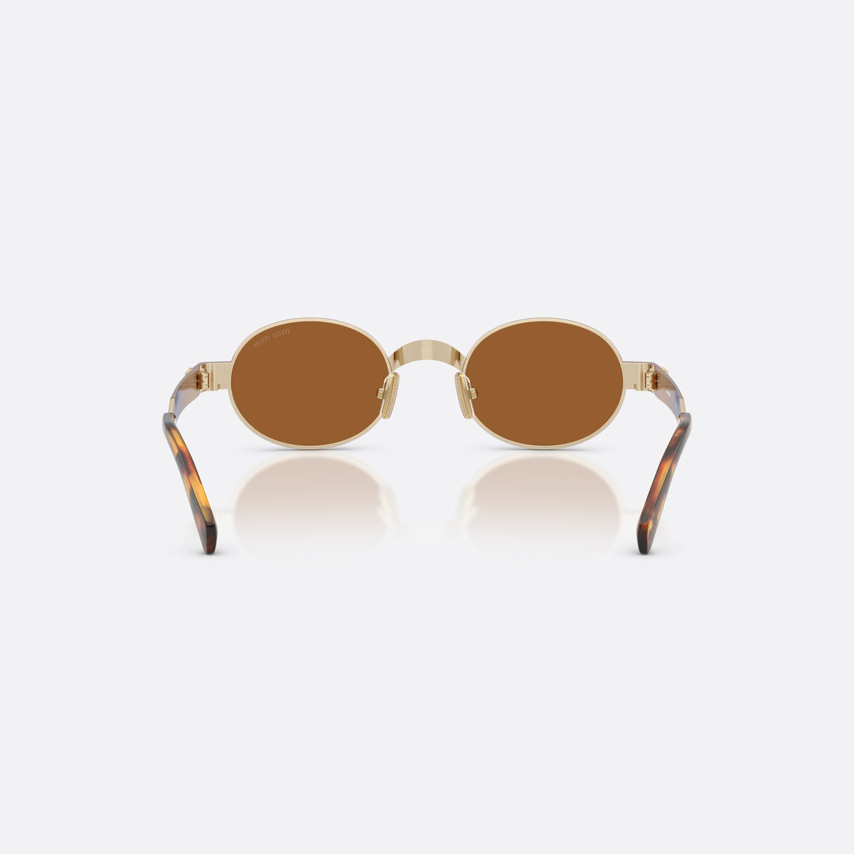 Ochelari de soare Miu Miu MU B51S 22M20V, ovali auriu, pentru femei, punte metalică simplă, placă cu logo-ul brandului pe braț, vedere din spate