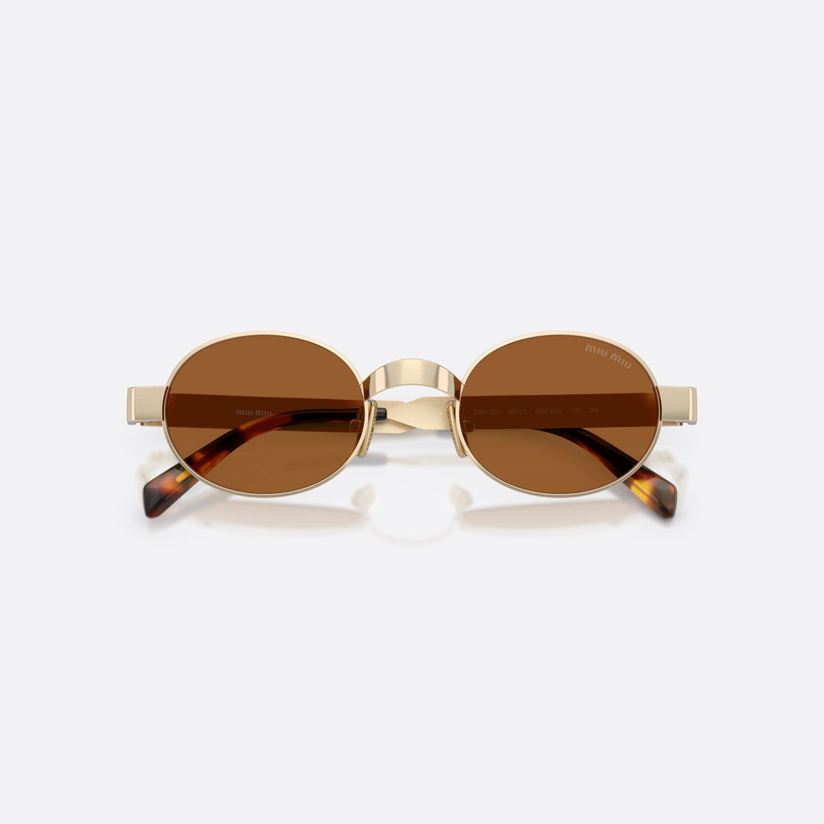 Ochelari de soare Miu Miu MU B51S 22M20V, ovali auriu, pentru femei, punte metalică simplă, placă cu logo-ul brandului pe braț, cu brațele pliate