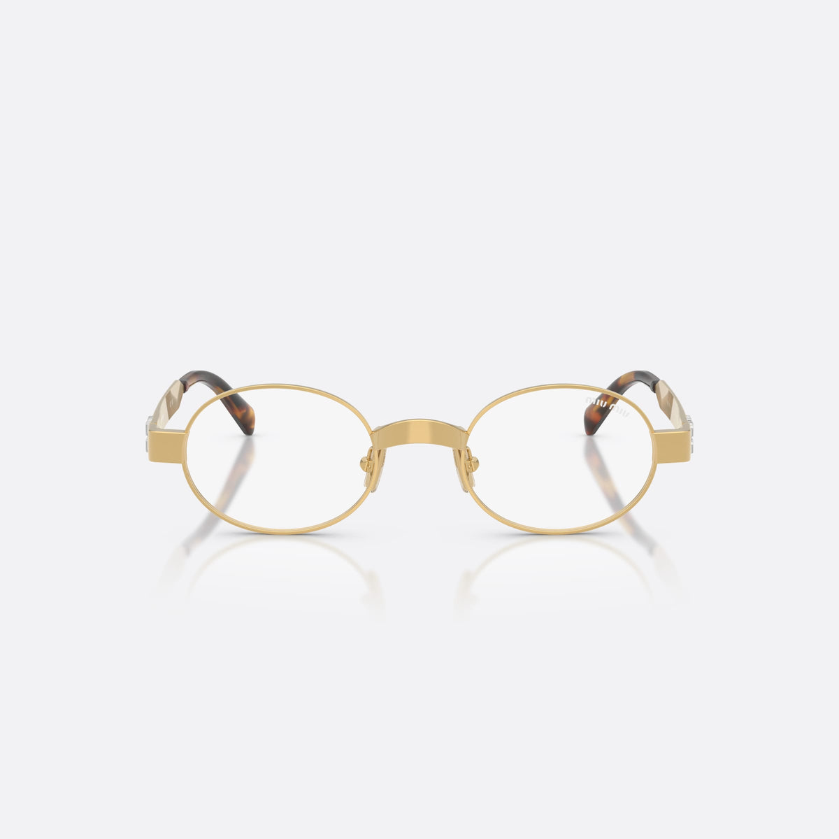 Ochelari de soare Miu Miu MU B51S 5AK10W, ovali auriu, pentru femei, punte metalică simplă, logo al brandului pe brațe, vedere din față