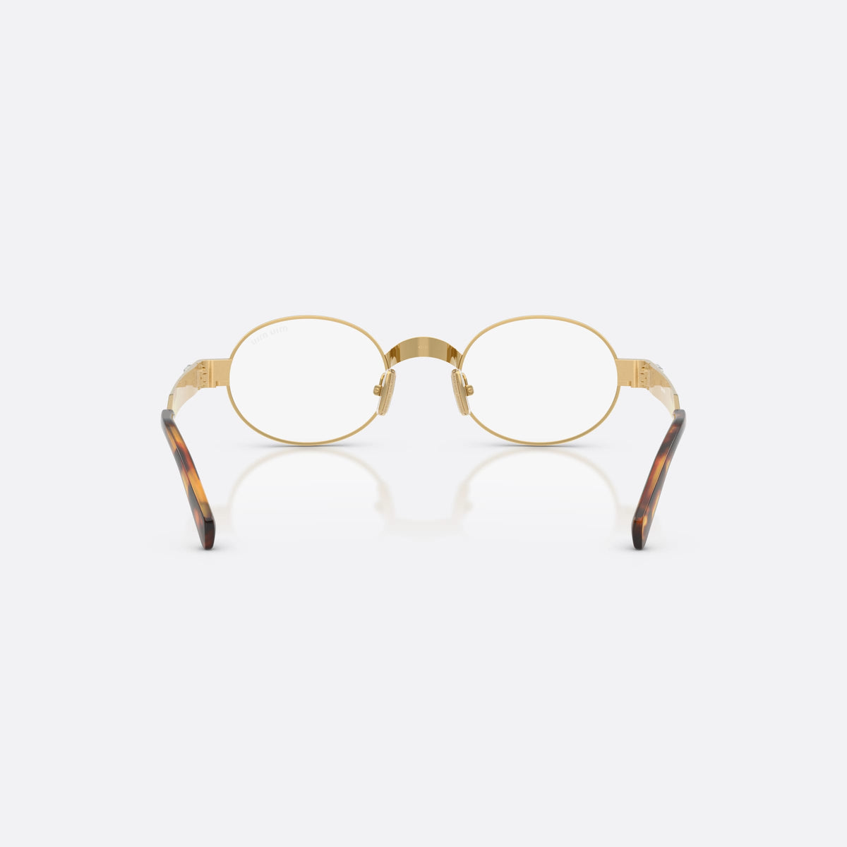 Ochelari de soare Miu Miu MU B51S 5AK10W, ovali auriu, pentru femei, punte metalică simplă, logo al brandului pe brațe, vedere din spate