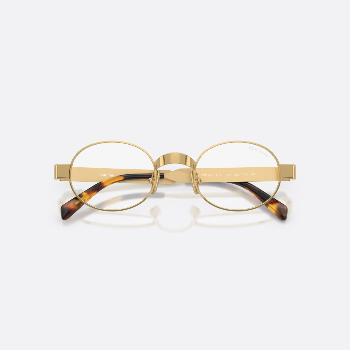 Ochelari de soare Miu Miu MU B51S 5AK10W, ovali auriu, pentru femei, punte metalică simplă, logo al brandului pe brațe, cu brațele pliate
