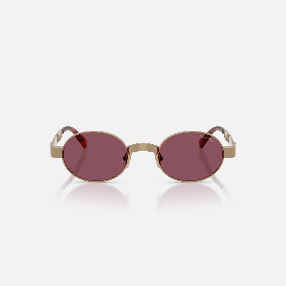 Miu Miu MU B51S 7OE30Y sunglasses, brown oval frame for women, metal saddle bridge, brand lettering on temples, front view