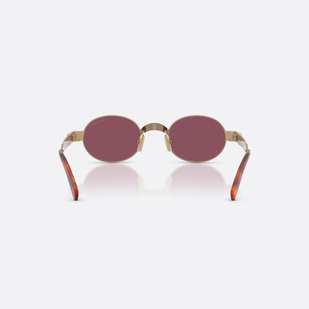 Miu Miu MU B51S 7OE30Y sunglasses, brown oval frame for women, metal saddle bridge, brand lettering on temples, back view