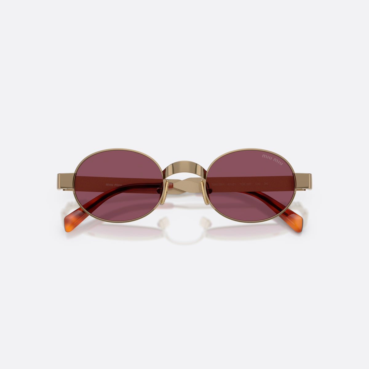 Miu Miu MU B51S 7OE30Y sunglasses, brown oval frame for women, metal saddle bridge, brand lettering on temples, folded