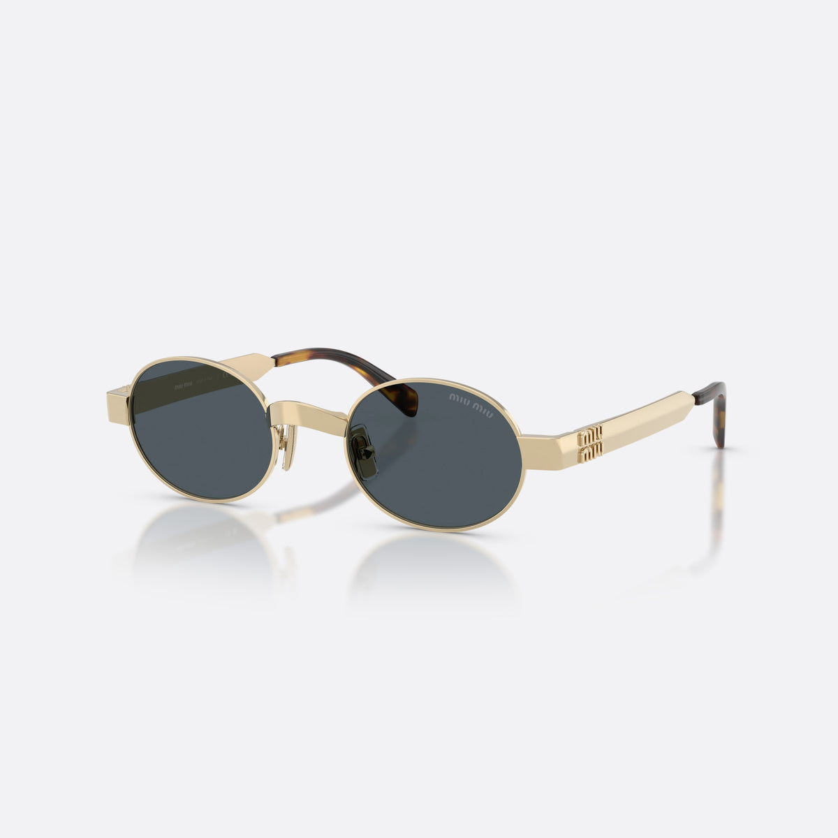 Miu Miu MU B51S ZVN70B sunglasses, gold oval frame for women, plain metal bridge, brand lettering on temples