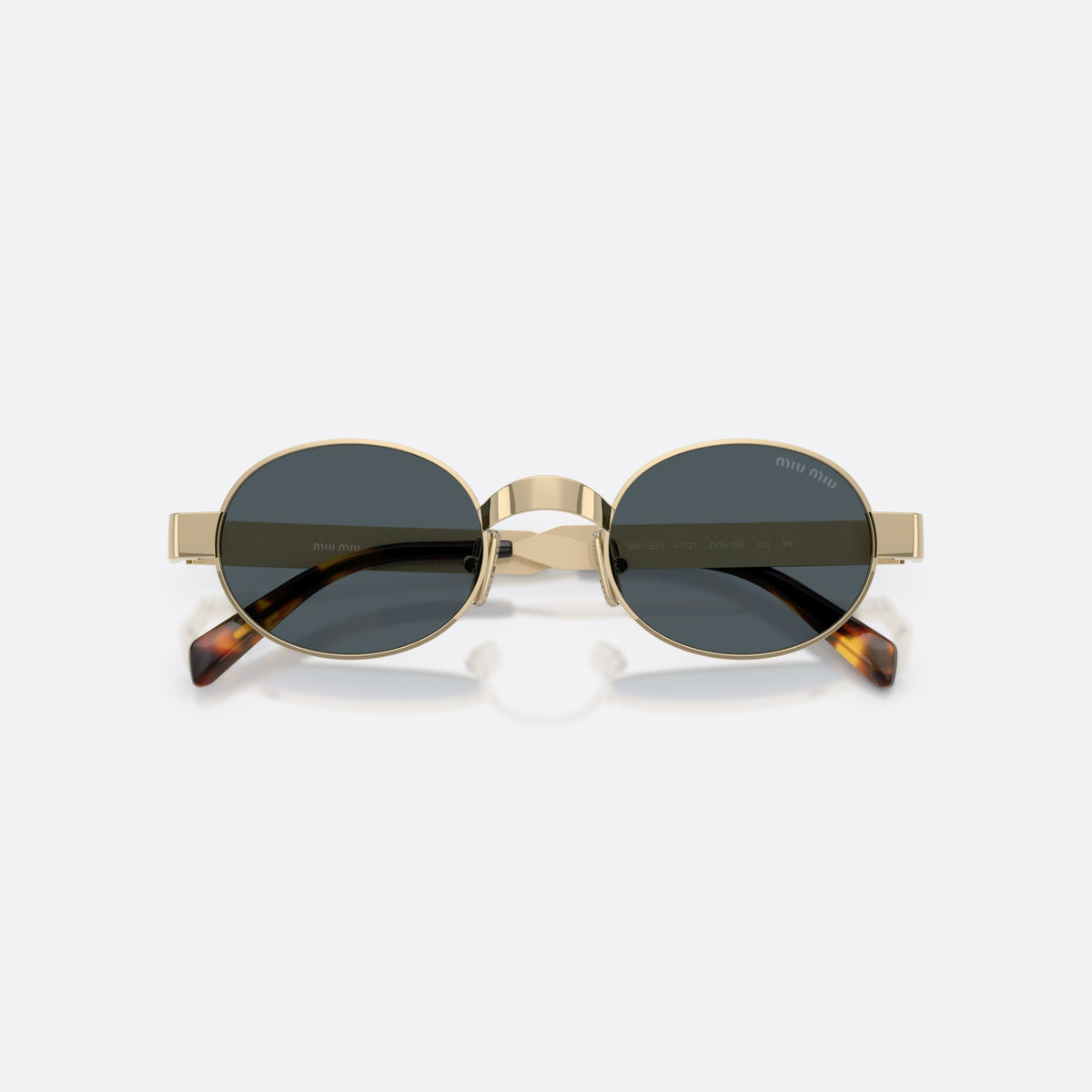 Miu Miu MU B51S ZVN70B sunglasses, gold oval frame for women, plain metal bridge, brand lettering on temples, folded
