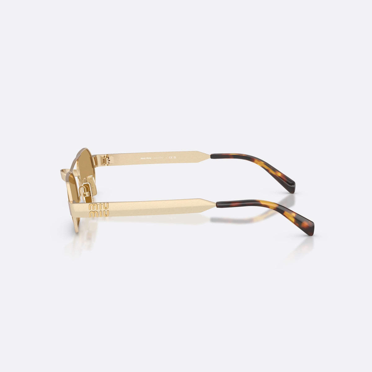 Miu Miu MU B52S 22M10Y sunglasses, gold oval frame for women, double bridge with top bar, brand lettering on temples, side view