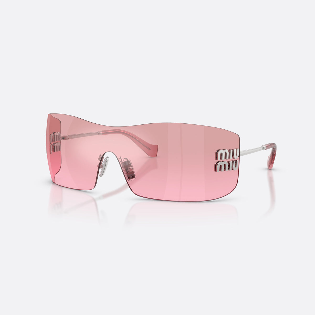 Miu Miu MU B53S 1BC70Y sunglasses, silver rectangle frame for women, integrated bridge over lens, brand lettering on the temples