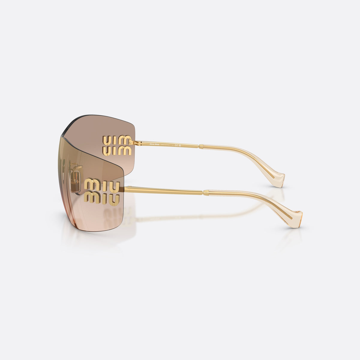 Miu Miu MU B53S 5AK20P sunglasses, gold rectangle frame for women, keyhole bridge, brand lettering on the temples, side view