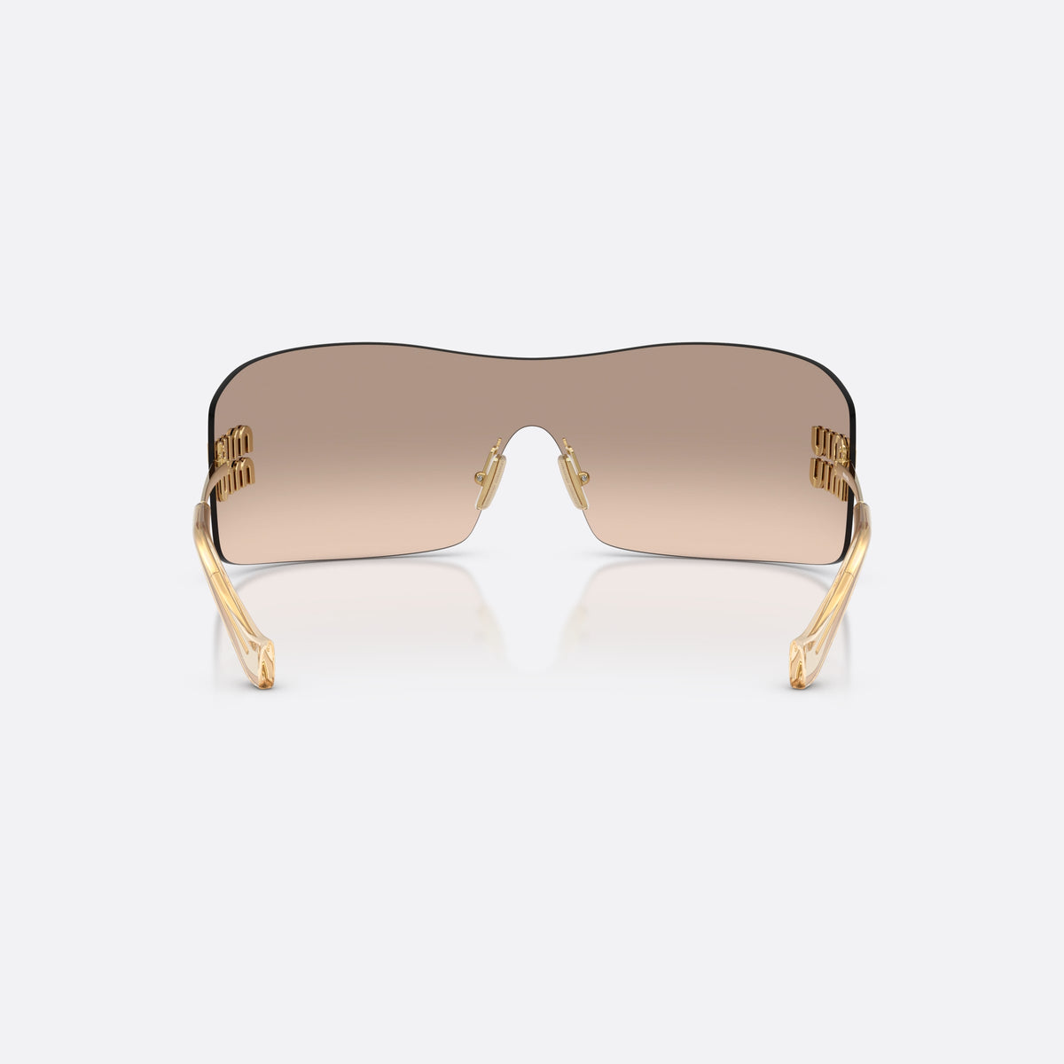 Miu Miu MU B53S 5AK20P sunglasses, gold rectangle frame for women, keyhole bridge, brand lettering on the temples, back view