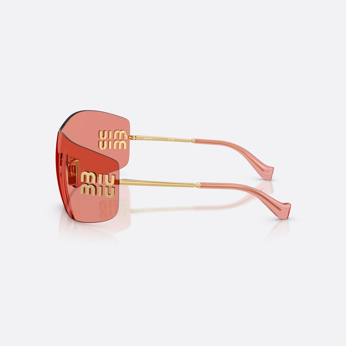 Miu Miu MU B53S 5AK20Y sunglasses, gold rectangle frame for women, keyhole bridge, brand lettering on the temples, side view