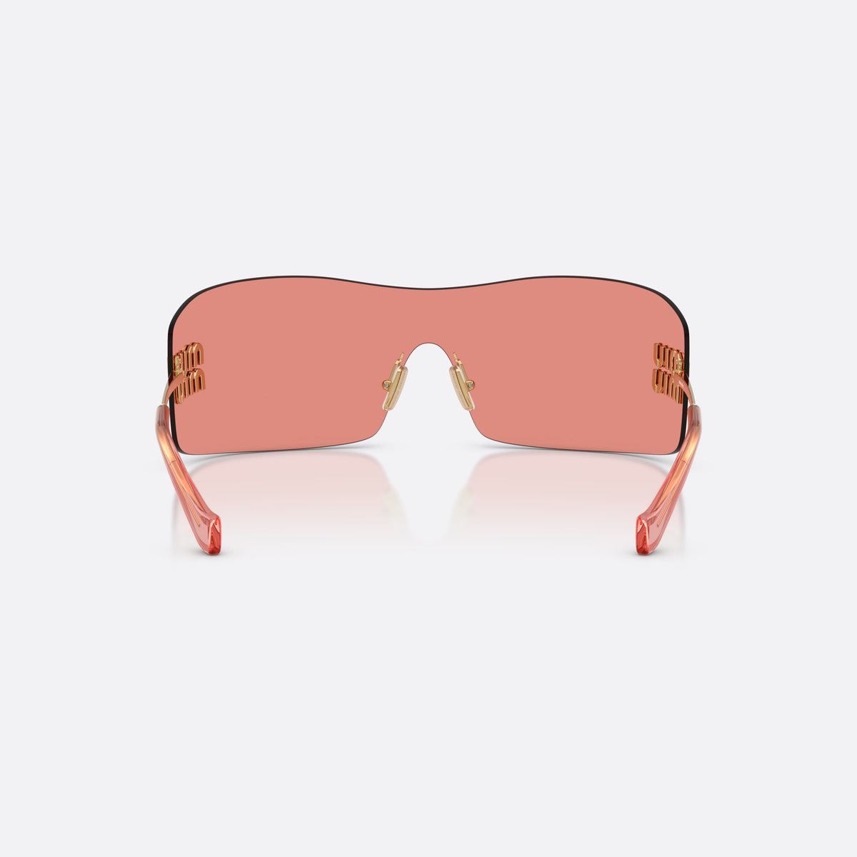 Miu Miu MU B53S 5AK20Y sunglasses, gold rectangle frame for women, keyhole bridge, brand lettering on the temples, back view
