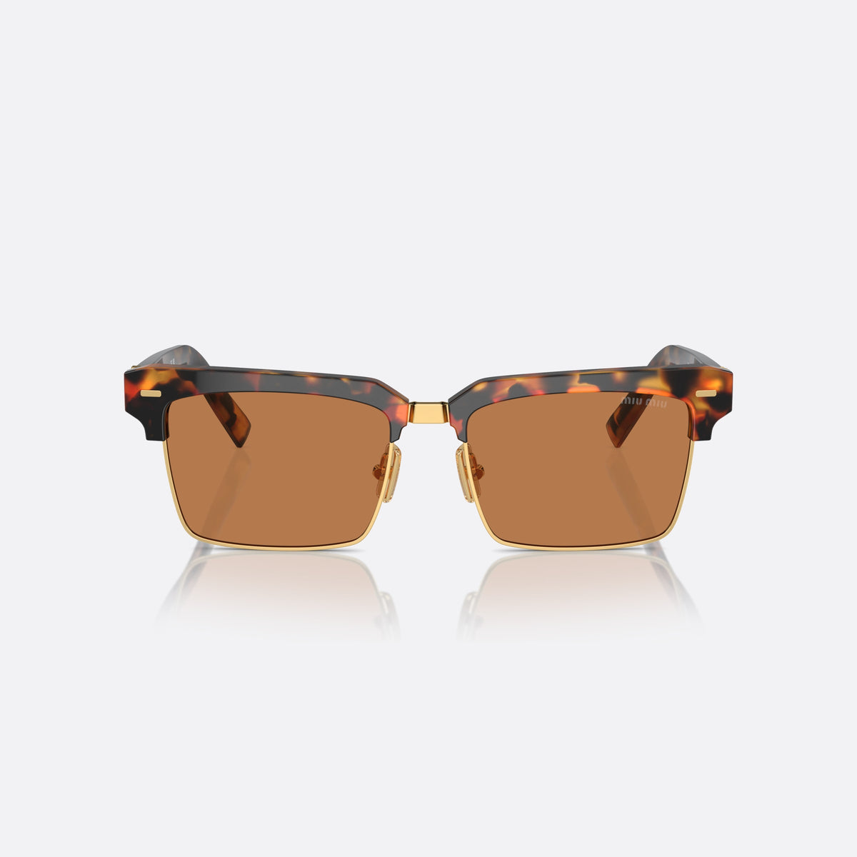 Ochelari de soare Miu Miu Runway MU 10ZS 19P-2Z1, patrati havana, pentru femei, punte metalică aurie, literele brandului pe brațe, vedere din față