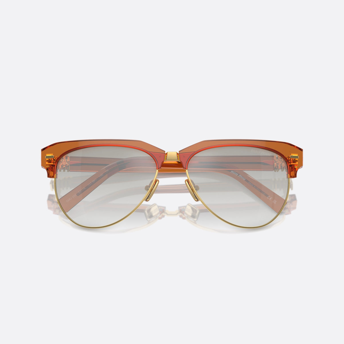 Miu Miu SMU 09ZS 15T-8K1 sunglasses, brown pilot frame for women, metal double bridge, brand lettering on temples, folded