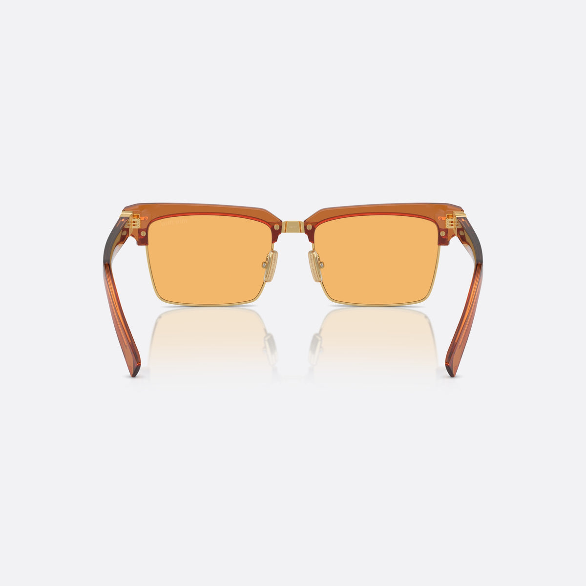 Miu Miu MU 10ZS 15T-0B7 sunglasses, brown squared frame for women, metal bridge with gold-tone center, brand logo on temples, back view