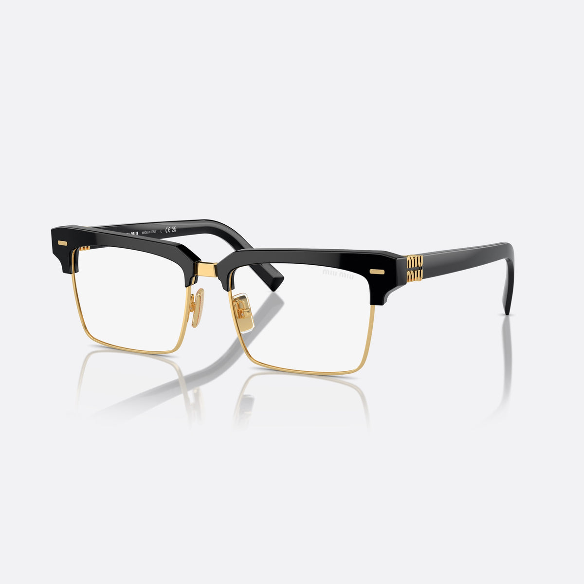 Miu Miu MU 10ZS 1AB-08N sunglasses, black squared frame for women, metal double bridge, brand lettering on temples