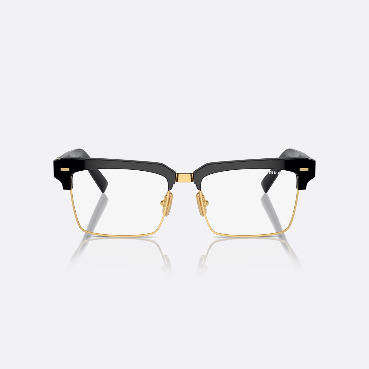 Miu Miu MU 10ZS 1AB-08N sunglasses, black squared frame for women, metal double bridge, brand lettering on temples, front view