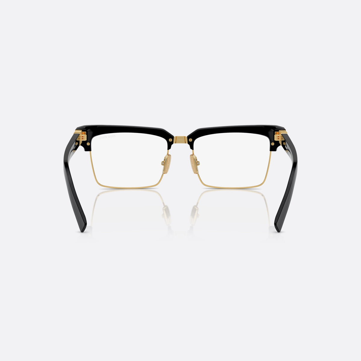 Miu Miu MU 10ZS 1AB-08N sunglasses, black squared frame for women, metal double bridge, brand lettering on temples, back view