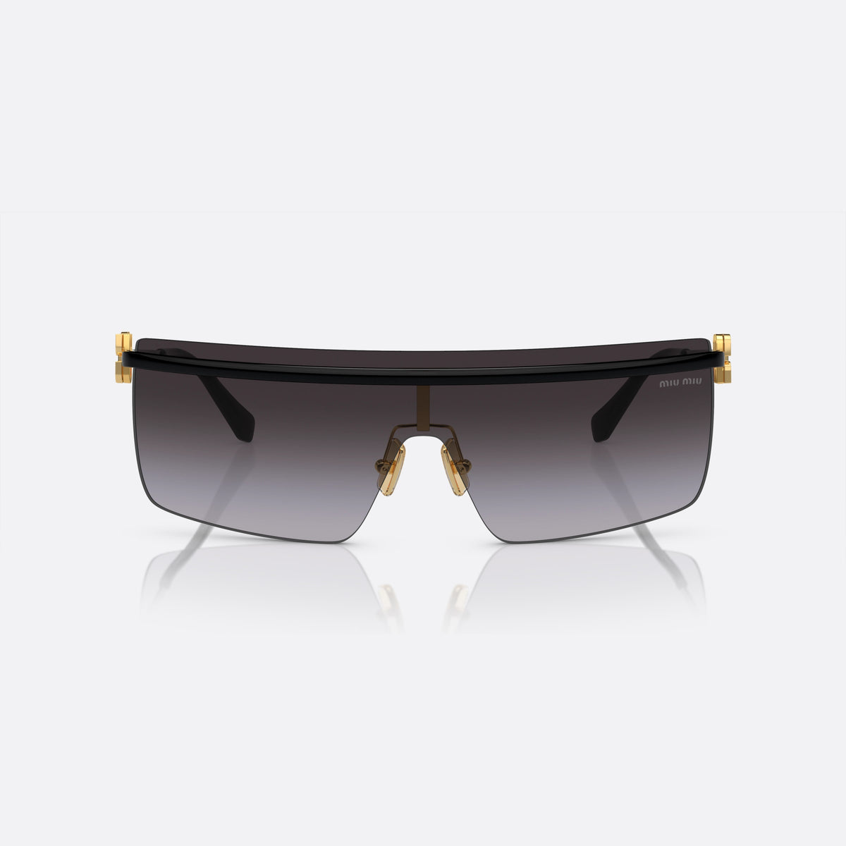 Miu Miu SMU 50ZS 1AB-5D1 B sunglasses, black geometric frame for women, plain metal bridge, brand lettering on temples, front view
