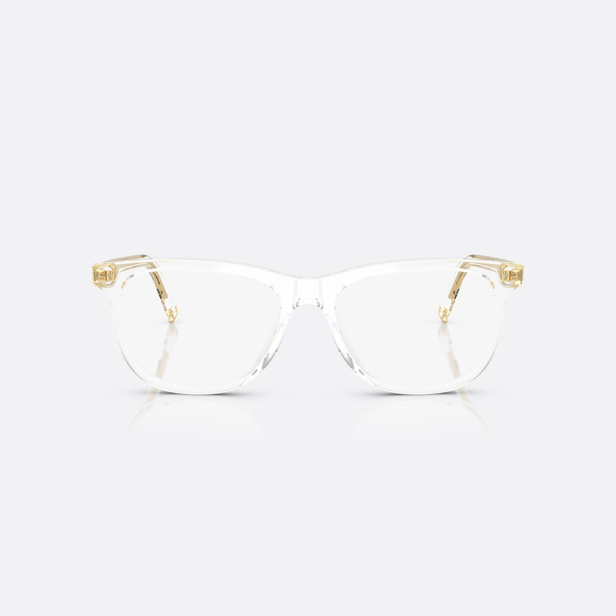 Miu Miu MU 01WV 15Z1O1 eyeglasses, clear squared frame for women, plain bridge, brand lettering on the temples, full-rim frame, front view