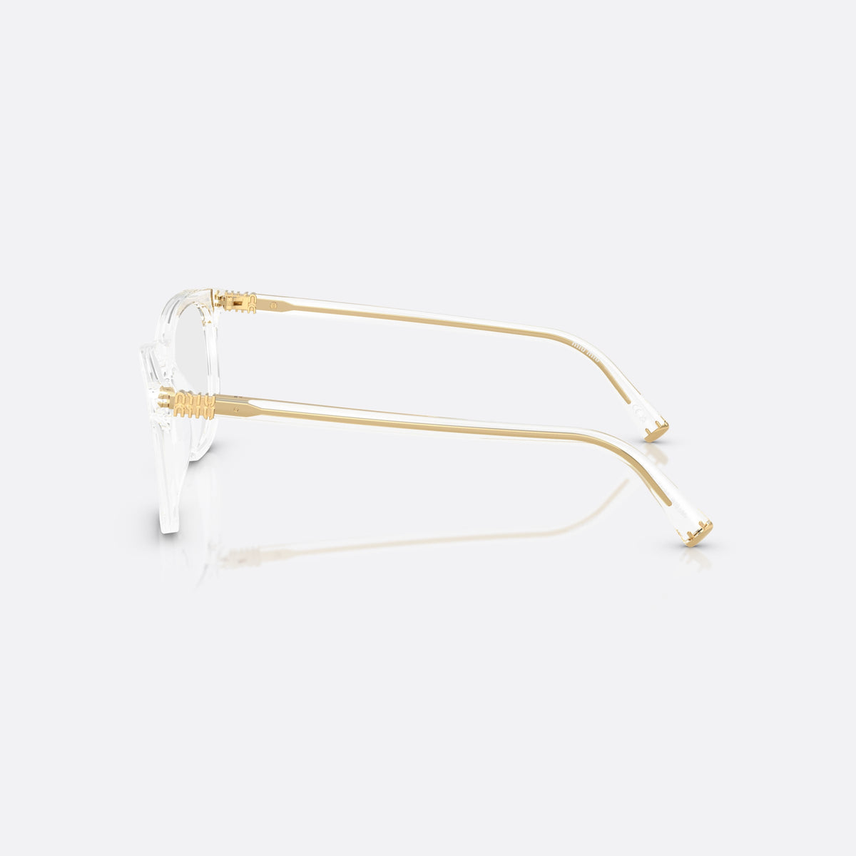 Miu Miu MU 01WV 15Z1O1 eyeglasses, clear squared frame for women, plain bridge, brand lettering on the temples, full-rim frame, side view