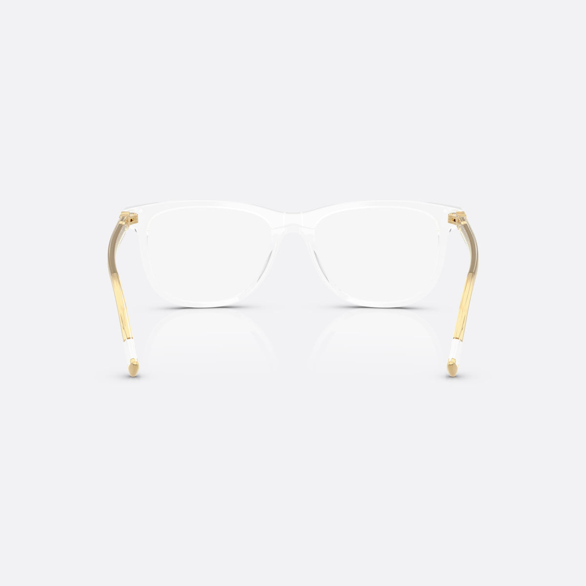 Miu Miu MU 01WV 15Z1O1 eyeglasses, clear squared frame for women, plain bridge, brand lettering on the temples, full-rim frame, back view
