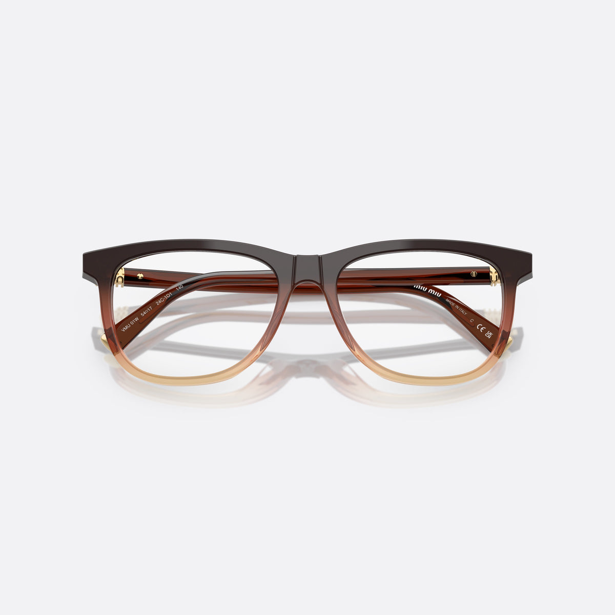 Miu Miu MU 01WV 24C1O1 eyeglasses, brown squared frame for women, plain bridge with central ridge, slim tapered temples, folded