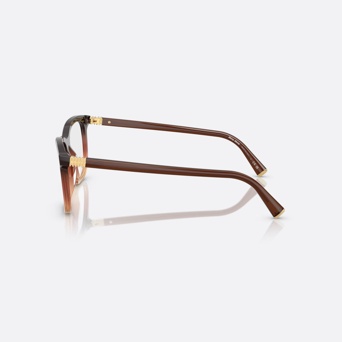Miu Miu MU 01WV 24C1O1 eyeglasses, brown squared frame for women, keyhole bridge, brand lettering on temple, full-rim frame, side view