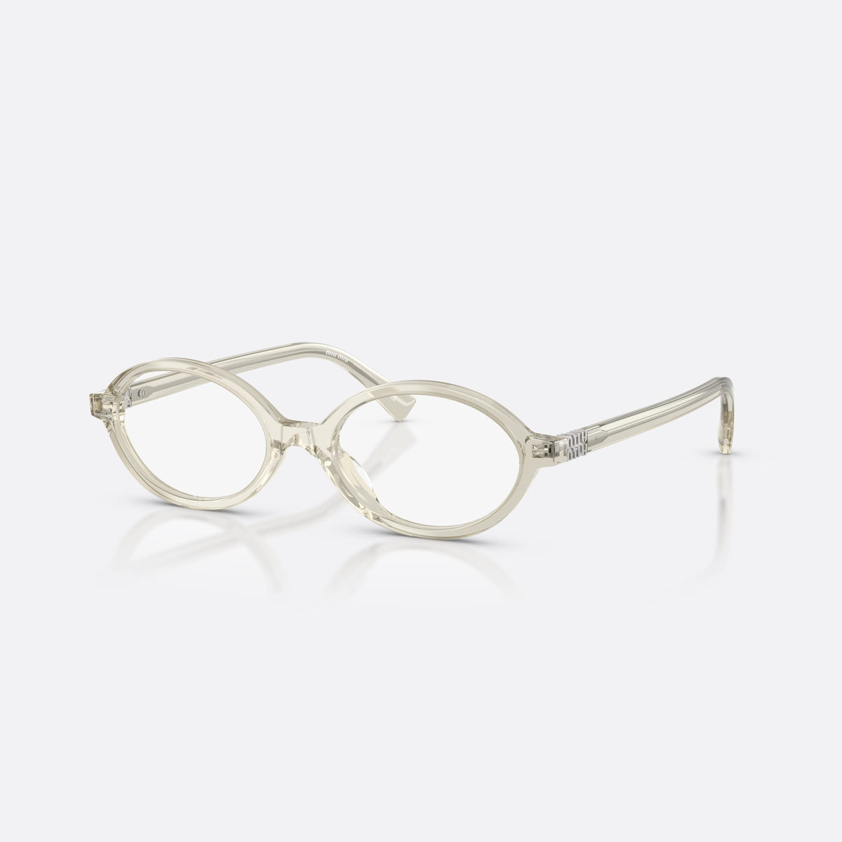 Miu Miu VMU 01XV 12U1O1 eyeglasses, clear geometric frame for women, plain integrated bridge, brand lettering on temples