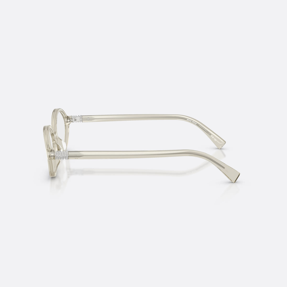 Miu Miu VMU 01XV 12U1O1 eyeglasses, clear geometric frame for women, plain integrated bridge, brand lettering on temples, side view