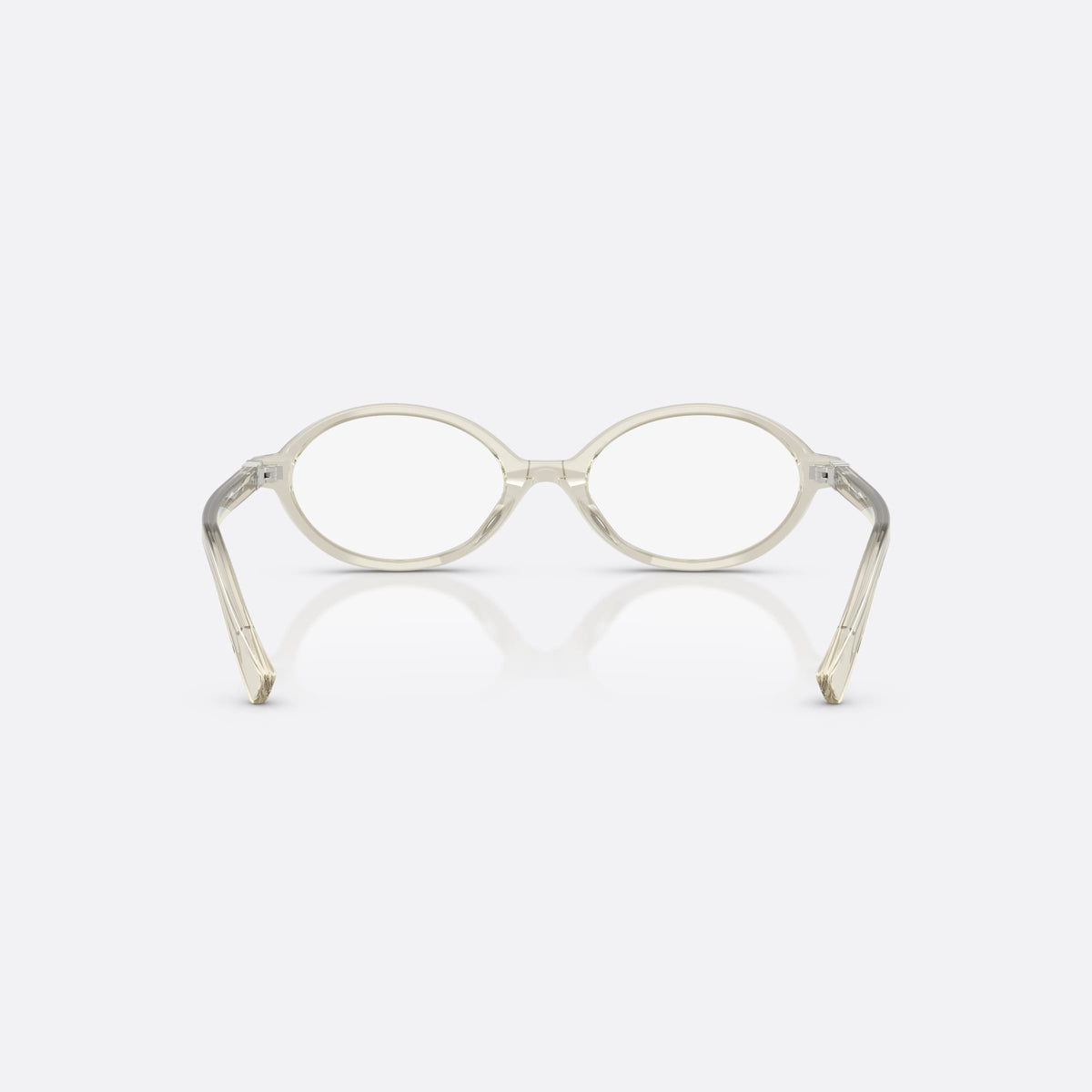 Miu Miu VMU 01XV 12U1O1 eyeglasses, clear geometric frame for women, plain integrated bridge, brand lettering on temples, back view