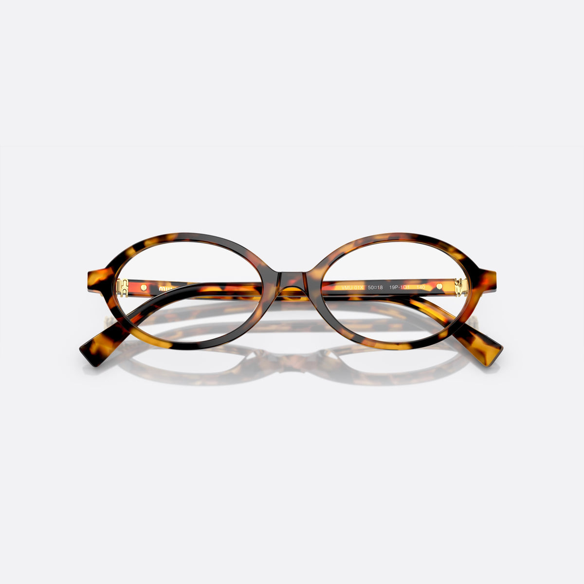 Miu Miu VMU 01XV 19P-1O1 eyeglasses, havana geometric frame for women, plain bridge, integrated into rims, slim tapered temples, folded