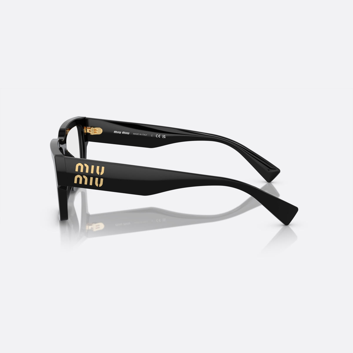 Rame ochelari de vedere Miu Miu VMU 02XV 1AB-1O1 E, geometrica negru, pentru femei, punte dublă simplă, logo al brandului pe brațe, vedere laterală