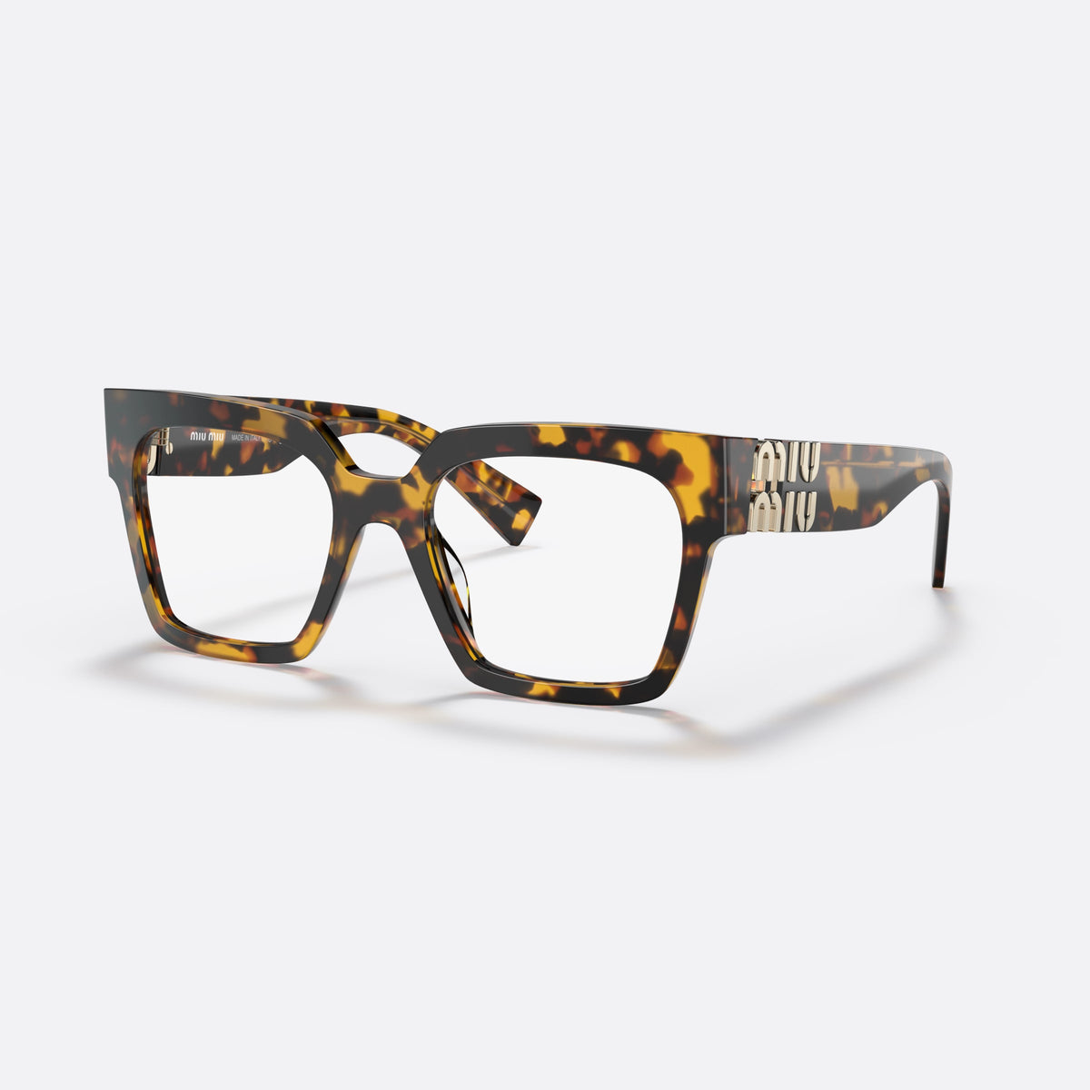 Miu Miu VMU 04UV VAU-1O1 eyeglasses, havana squared frame for women, plain saddle bridge, brand lettering on temples