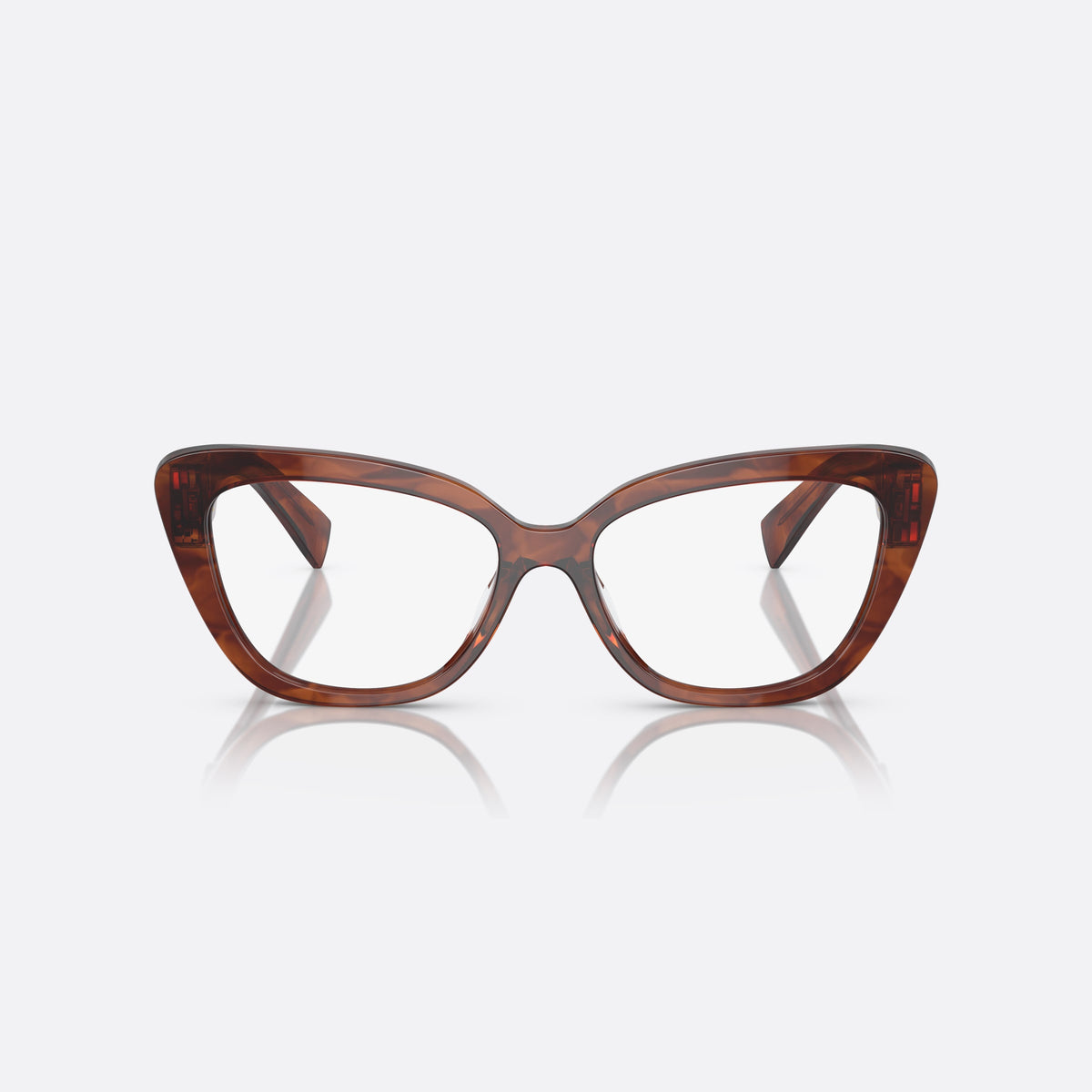 Rame ochelari de vedere Miu Miu MU 05VV 11Q-1O1, patrati havana, pentru femei, punte simplă, literele brandului pe brațe, ramă completă, vedere din față