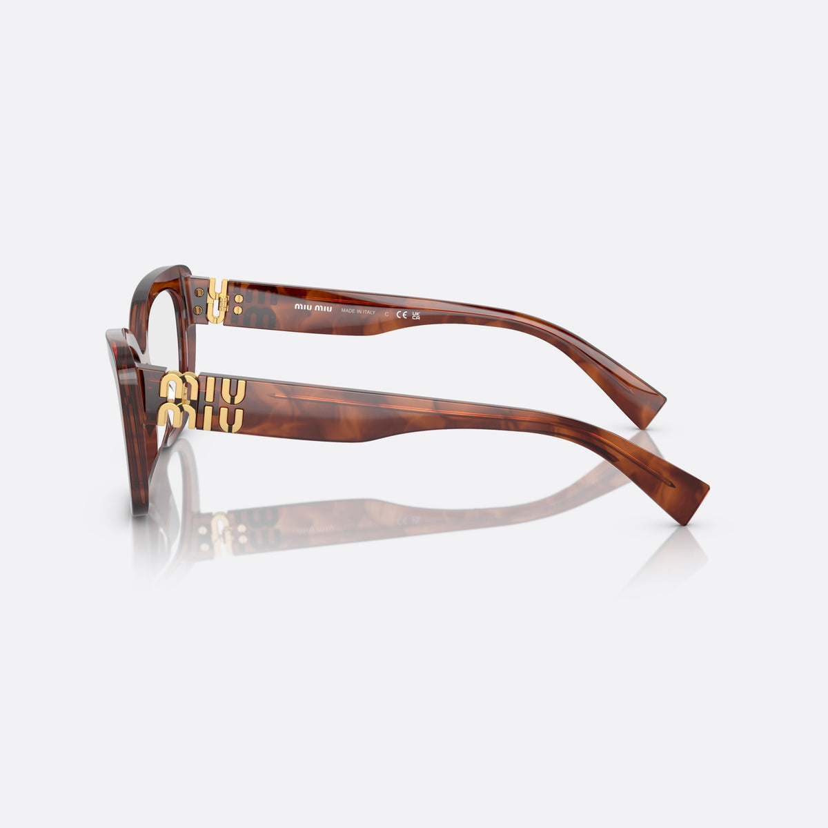 Rame ochelari de vedere Miu Miu MU 05VV 11Q-1O1, patrati havana, pentru femei, punte simplă, literele brandului pe brațe, ramă completă, vedere laterală