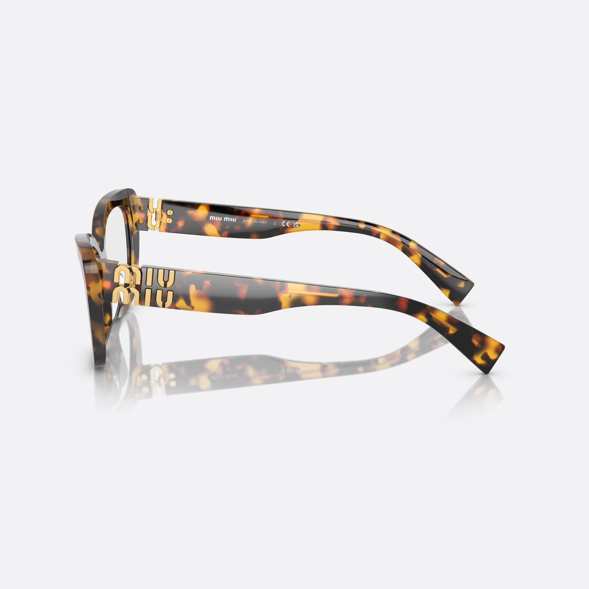 Miu Miu MU 05VV VAU-1O1 eyeglasses, havana squared frame for women, plain bridge with dip, brand lettering on temple, side view