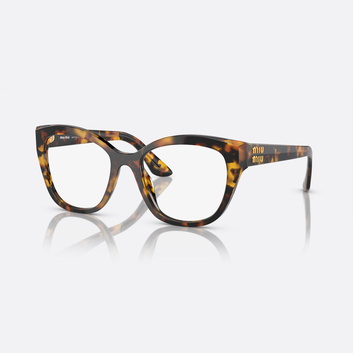 Miu Miu MU 05XV VAU-1O1 eyeglasses, havana squared frame for women, plain saddle bridge, brand lettering on temples
