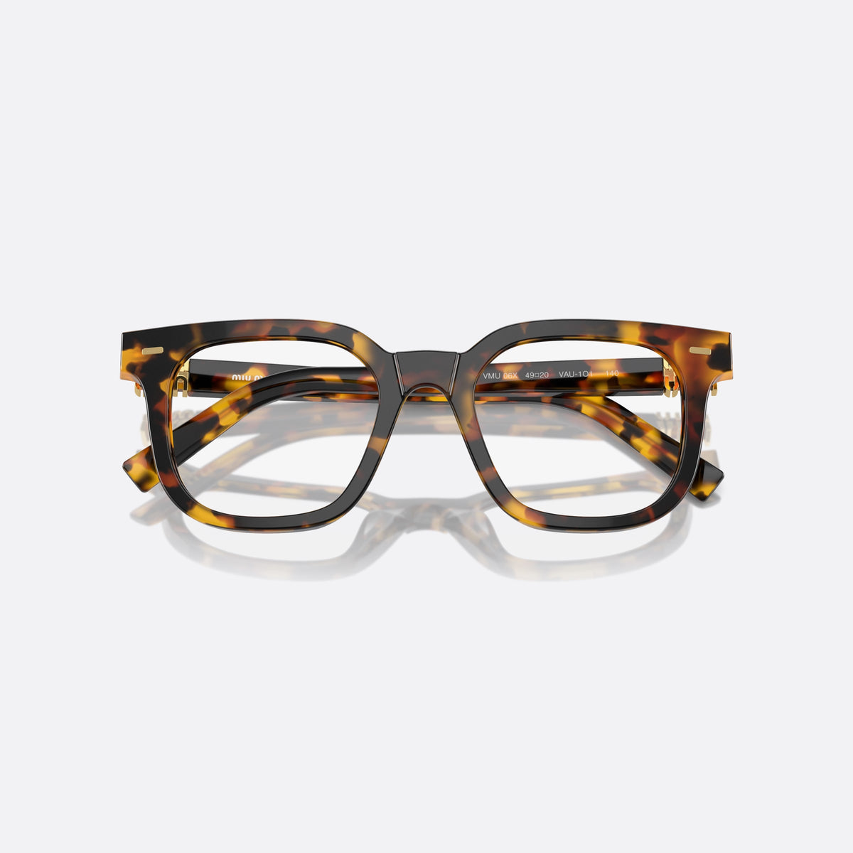 Miu Miu MU 06XV VAU-1O1 eyeglasses, havana squared frame for women, plain saddle bridge, brand lettering on temples, folded