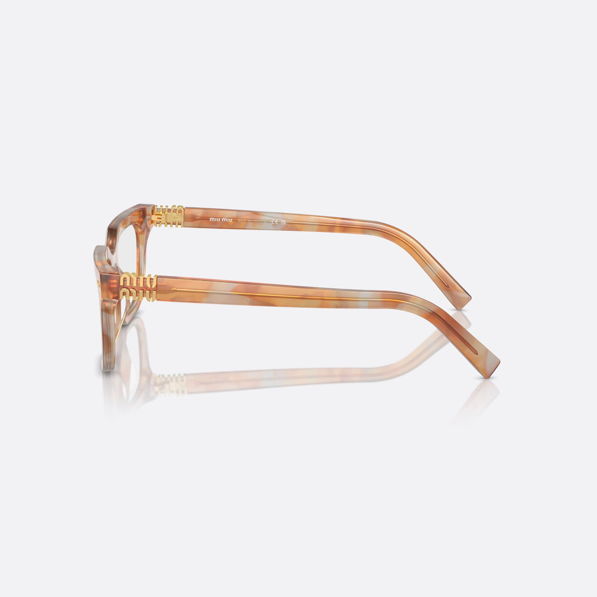 Miu Miu VMU 07XV 13U1O1 eyeglasses, havana geometric frame for women, plain bridge, acetate, brand lettering on the temples, side view
