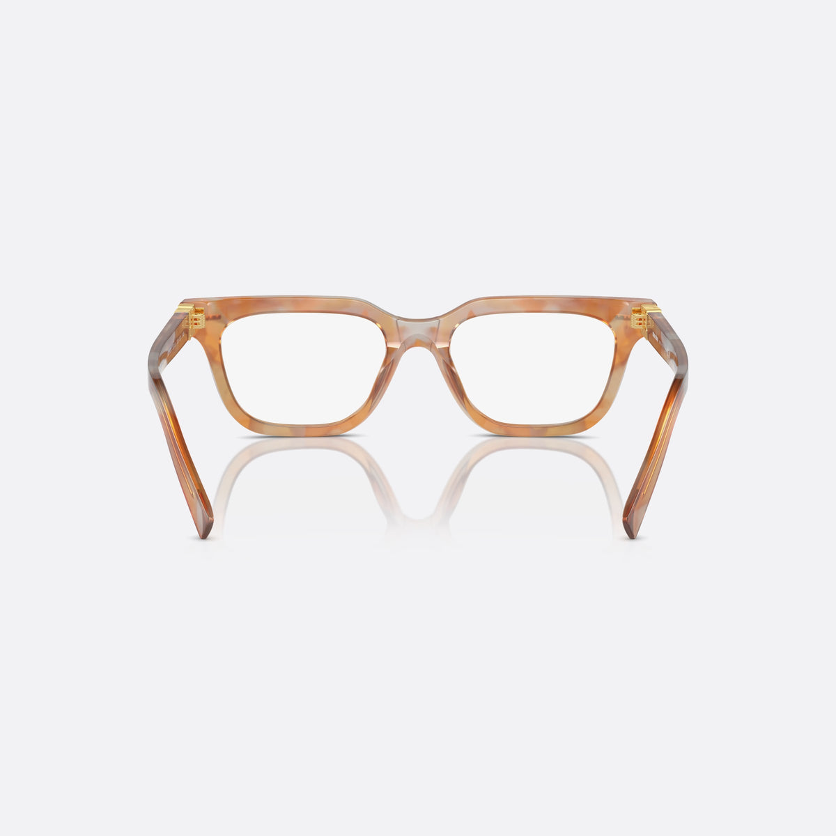 Miu Miu VMU 07XV 13U1O1 eyeglasses, havana geometric frame for women, plain bridge, acetate, brand lettering on the temples, back view
