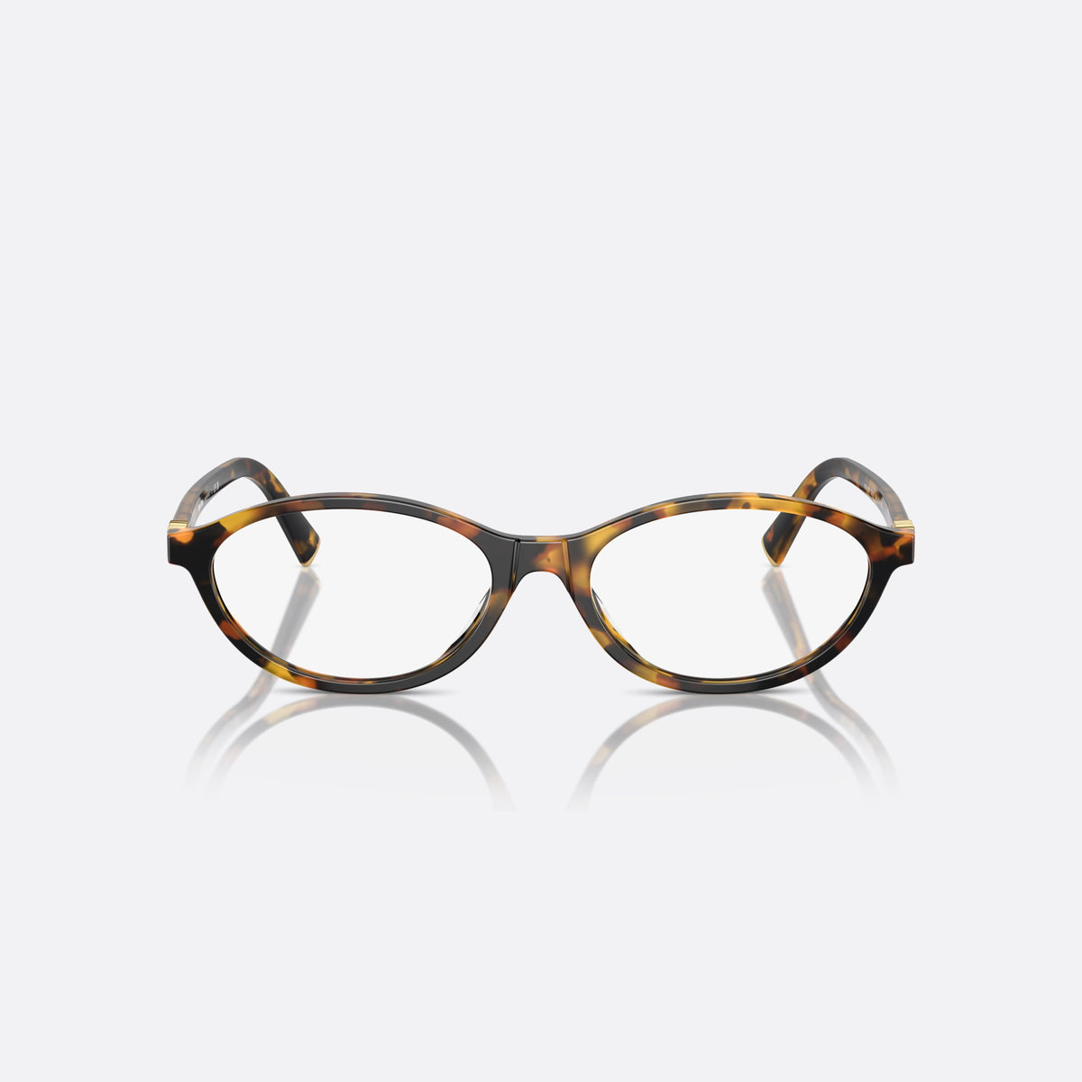 Miu Miu VMU 09XV VAU-1O1 eyeglasses, havana geometric frame for women, plain bridge with fused top, slim tapered temples, front view