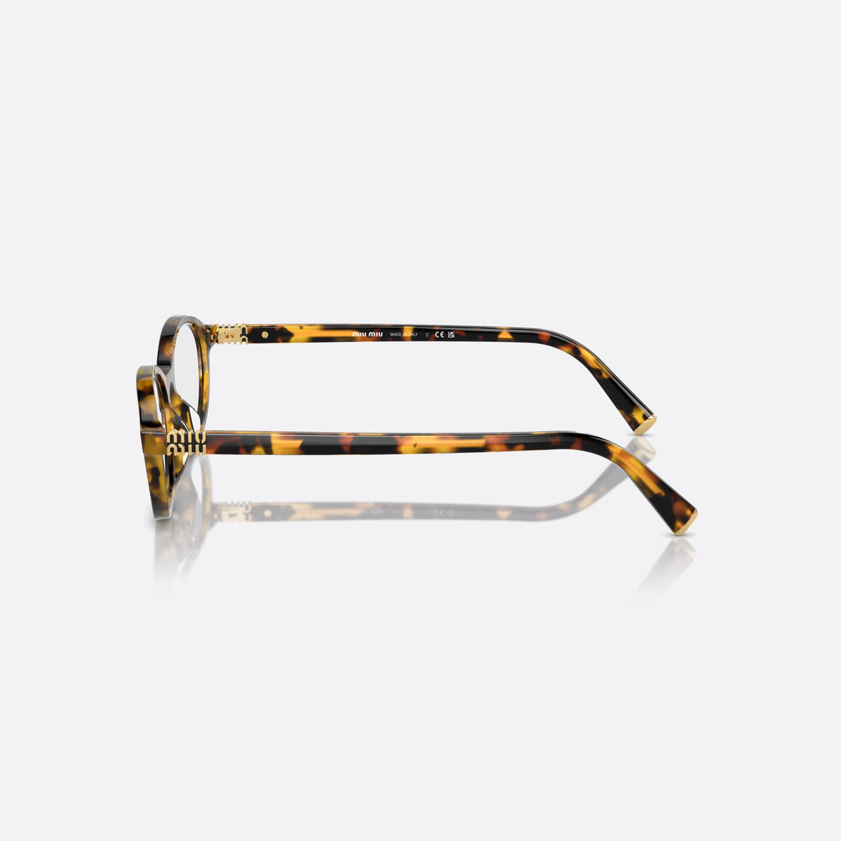 Miu Miu VMU 09XV VAU-1O1 eyeglasses, havana geometric frame for women, plain bridge with fused top, slim tapered temples, side view