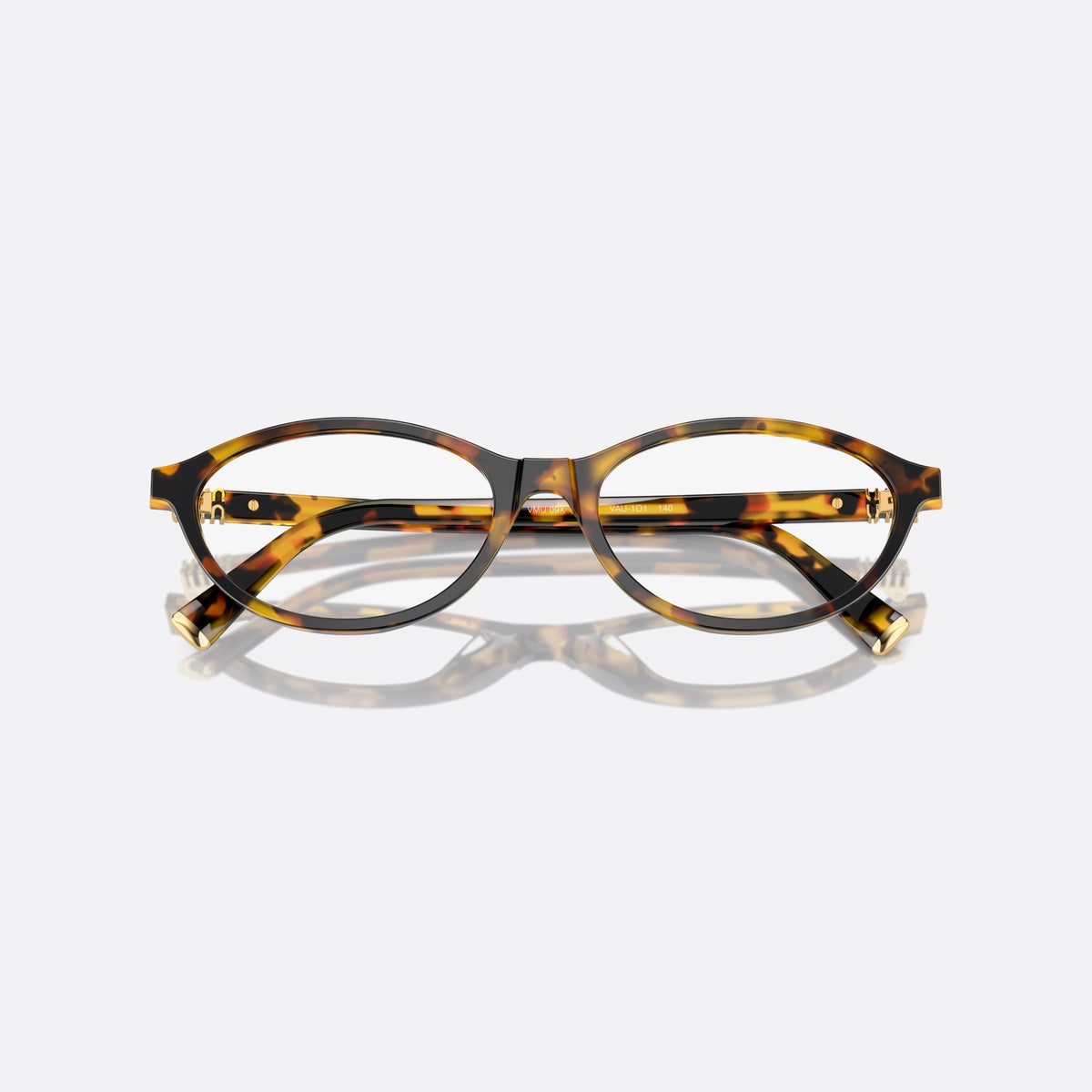 Miu Miu VMU 09XV VAU-1O1 eyeglasses, havana geometric frame for women, plain bridge with fused top, slim tapered temples, folded