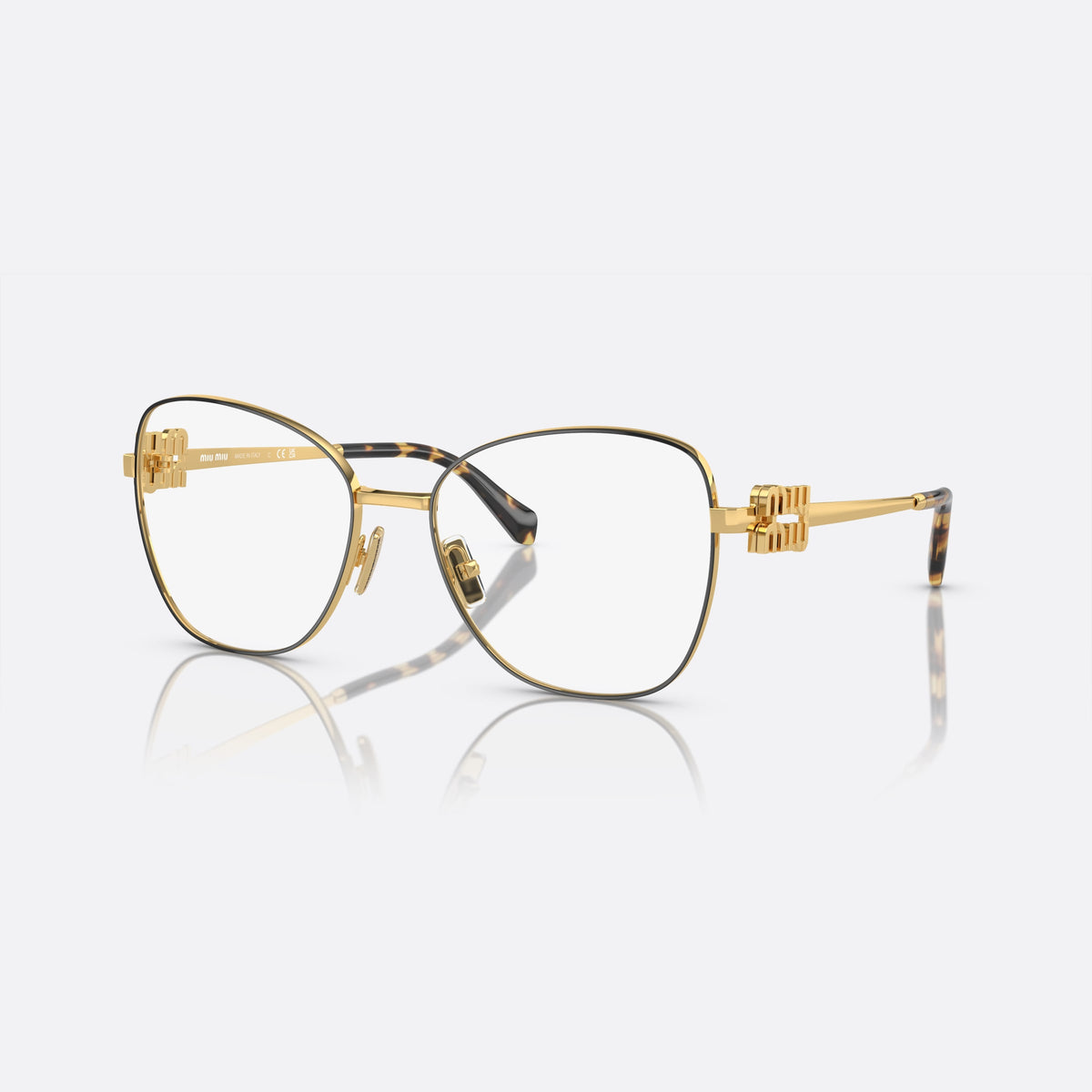 Miu Miu VMU 50XV KUI-1O1 eyeglasses, black geometric frame for women, plain metal bridge, brand logo on temples