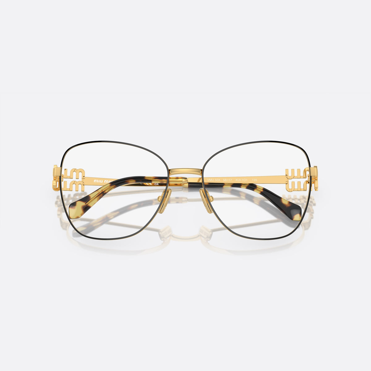 Miu Miu VMU 50XV KUI-1O1 eyeglasses, black geometric frame for women, plain metal bridge, brand logo on temples, folded