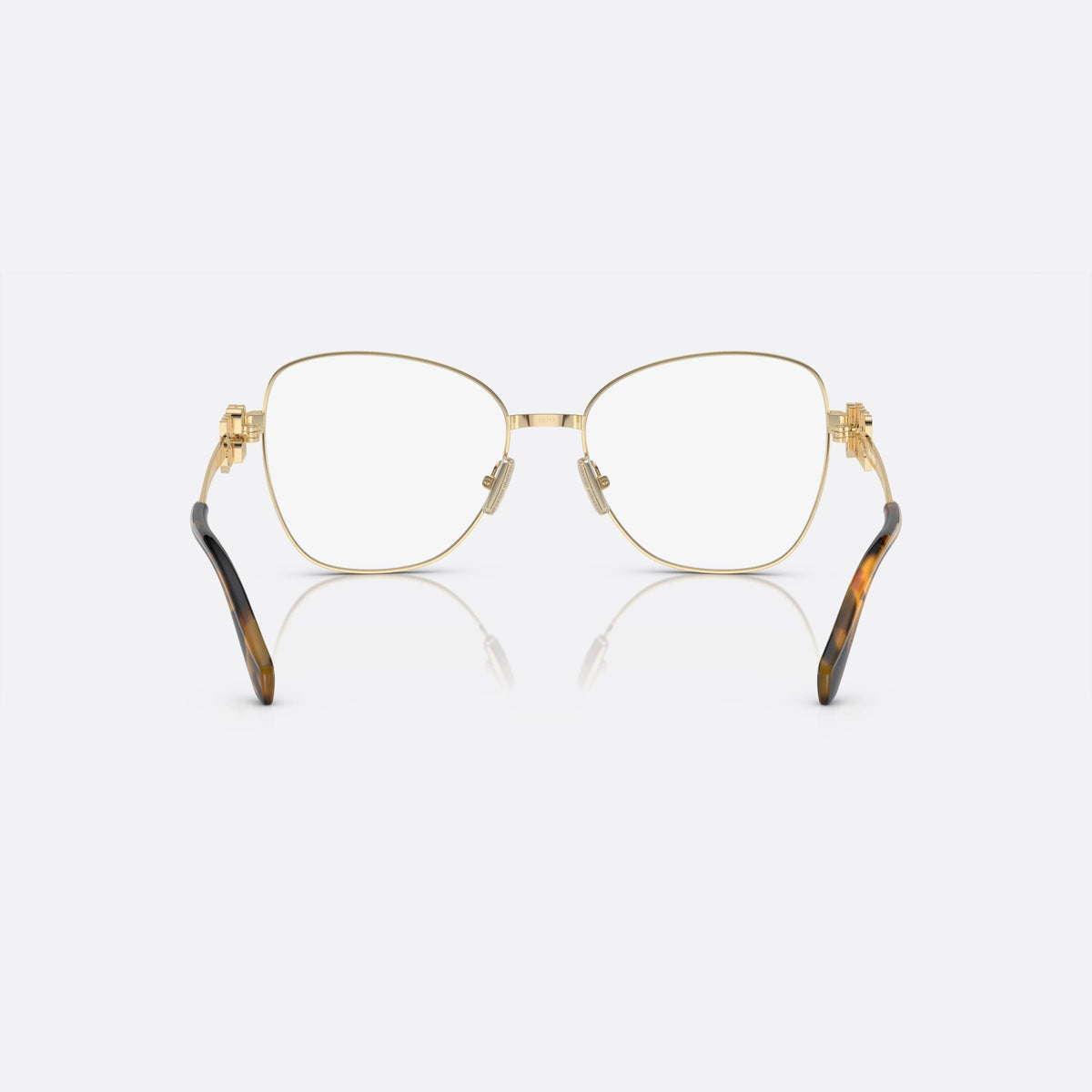 Rame ochelari de vedere Miu Miu VMU 50XV ZVN-1O1 C, geometrica auriu, pentru femei, punte metalică simplă, plachetă cu logoul brandului pe brațe, vedere din spate