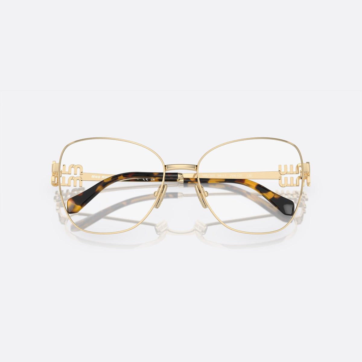 Rame ochelari de vedere Miu Miu VMU 50XV ZVN-1O1 C, geometrica auriu, pentru femei, punte metalică simplă, plachetă cu logoul brandului pe brațe, cu brațele pliate