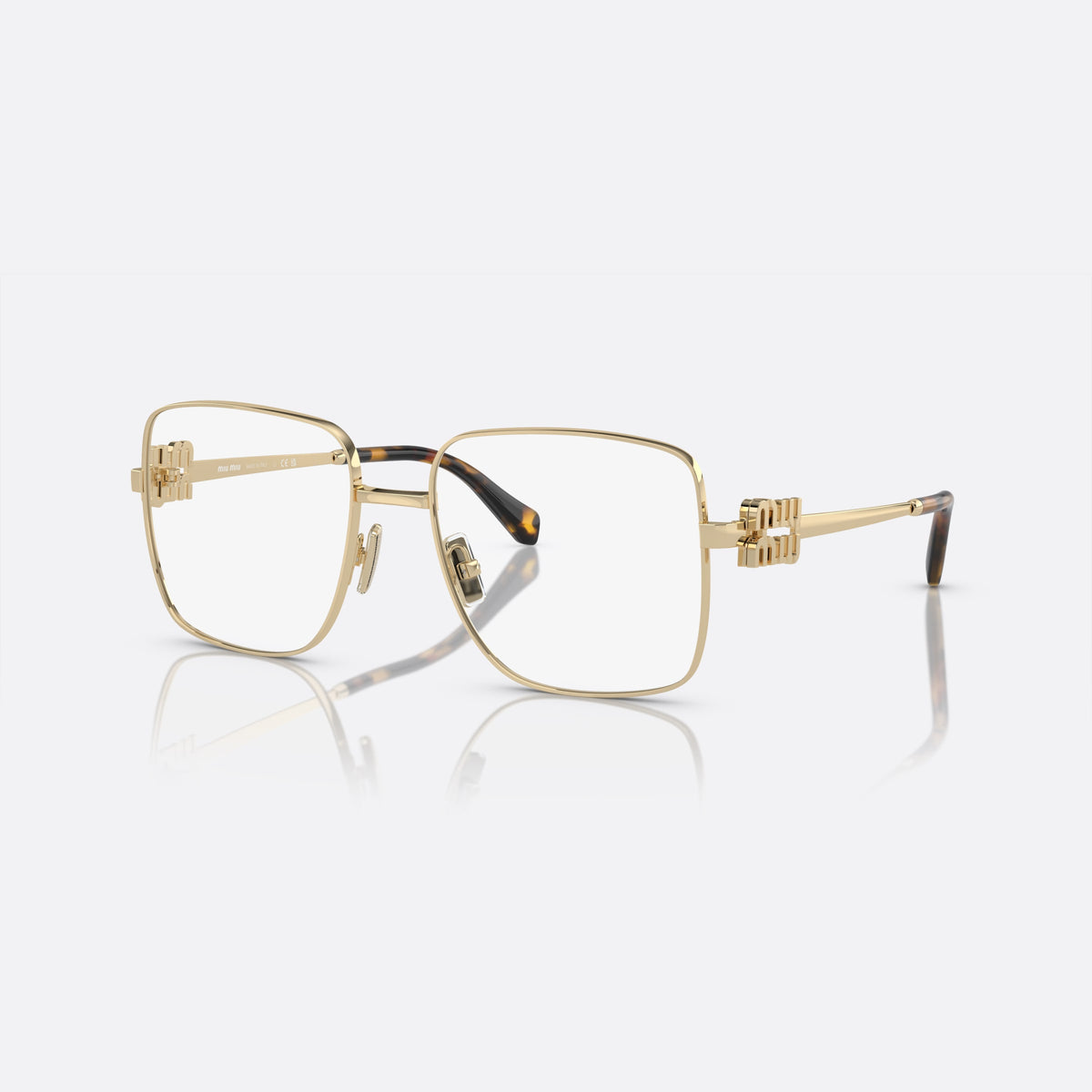 Miu Miu MU 51XV ZVN-1O1 C eyeglasses, gold squared frame for women, plain metal bridge, brand logo on temples