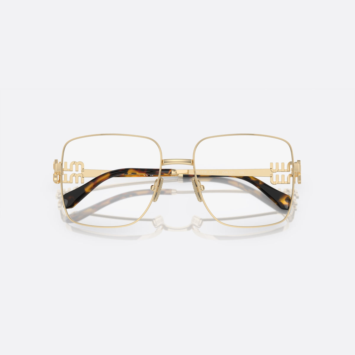 Miu Miu MU 51XV ZVN-1O1 C eyeglasses, gold squared frame for women, plain metal bridge, brand logo on temples, folded
